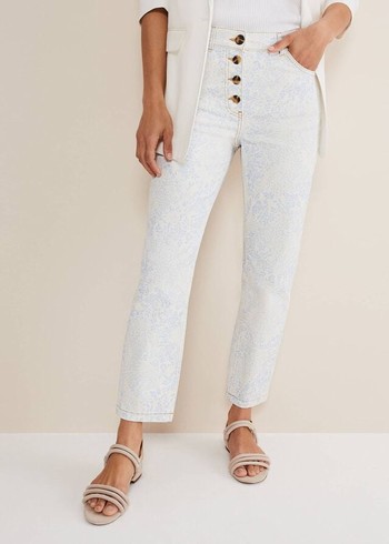 Phase Eight Cordelia Floral Straight Leg Trousers White/Blue USA | 8953471-ZT